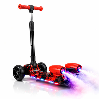 Trotineta pentru Copii cu Efect de Fum, Lumini LED Multicolore si 3 Roti Late pentru Stabilitate, Ghidon Reglabil pe Inaltime, Platforma Antiderapanta, Design Sport Rosu-Negru, pentru Baieti si Fete