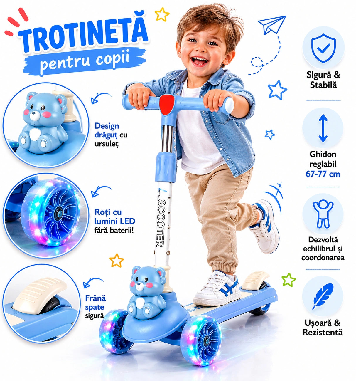 Trotinetă pentru Copii cu Lumini LED, 3 Roți Ghidon Reglabil și Frână Spate, Antiderapantă, Pliabila Stabilă și Ușoară, 2-6 Ani Albastra