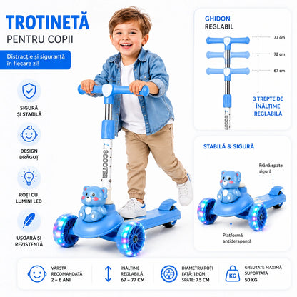 1+1 GRATIS Trotinetă pentru Copii cu Lumini LED, 3 Roți Ghidon Reglabil Sunete Muzicale și Frână Spate, Antiderapantă, Pliabila Stabilă și Ușoară, 2-8 Ani Albastra