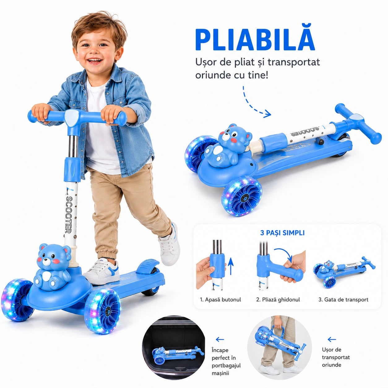 Trotinetă pentru Copii cu Lumini LED, 3 Roți Ghidon Reglabil și Frână Spate, Antiderapantă, Pliabila Stabilă și Ușoară, 2-6 Ani Albastra