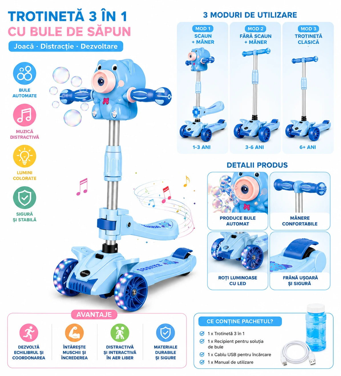 Trotineta pentru Copii Reglabila cu 3 Roti Late si Stabilitate Mare, Aparat Integrat pentru Baloane de Sapun, Sunete Muzicale, Lumini LED, Platforma Antiderapanta, Ghidon Ajustabil, Design Ursulet Roz