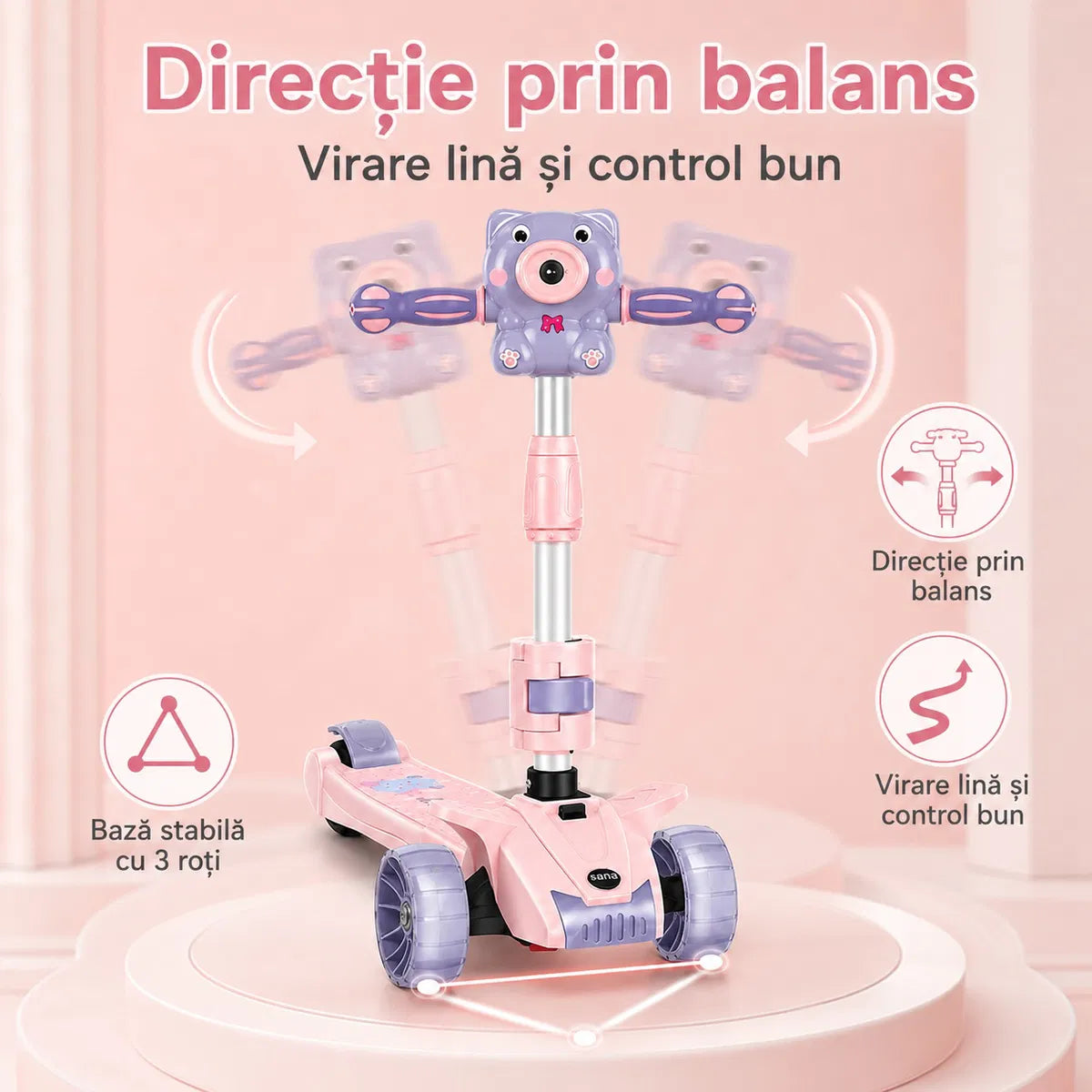 Trotineta pentru Copii Reglabila cu 3 Roti Late si Stabilitate Mare, Aparat Integrat pentru Baloane de Sapun, Sunete Muzicale, Lumini LED, Platforma Antiderapanta, Ghidon Ajustabil, Design Ursulet Roz