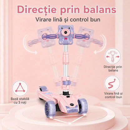 Trotineta pentru Copii Reglabila cu 3 Roti Late si Stabilitate Mare, Aparat Integrat pentru Baloane de Sapun, Sunete Muzicale, Lumini LED, Platforma Antiderapanta, Ghidon Ajustabil, Design Ursulet Roz