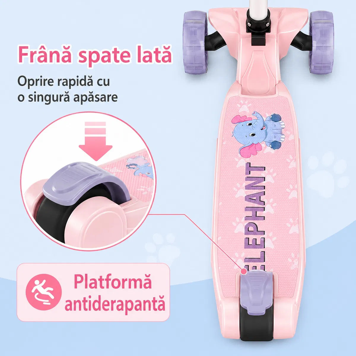 Trotineta pentru Copii Reglabila cu 3 Roti Late si Stabilitate Mare, Aparat Integrat pentru Baloane de Sapun, Sunete Muzicale, Lumini LED, Platforma Antiderapanta, Ghidon Ajustabil, Design Ursulet Roz