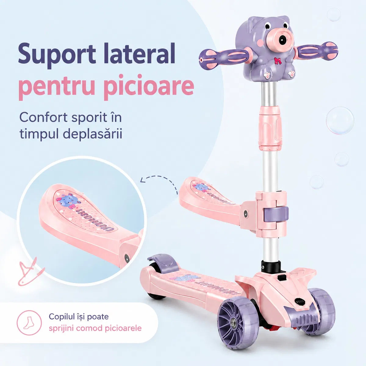 Trotineta pentru Copii Reglabila cu 3 Roti Late si Stabilitate Mare, Aparat Integrat pentru Baloane de Sapun, Sunete Muzicale, Lumini LED, Platforma Antiderapanta, Ghidon Ajustabil, Design Ursulet Roz