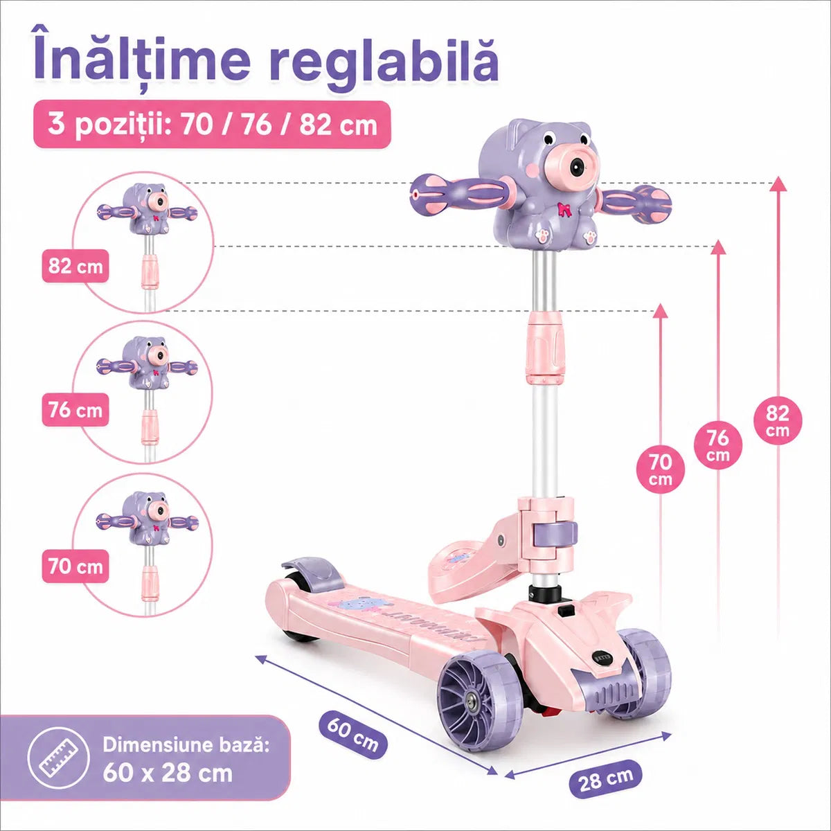 Trotineta pentru Copii Reglabila cu 3 Roti Late si Stabilitate Mare, Aparat Integrat pentru Baloane de Sapun, Sunete Muzicale, Lumini LED, Platforma Antiderapanta, Ghidon Ajustabil, Design Ursulet Roz
