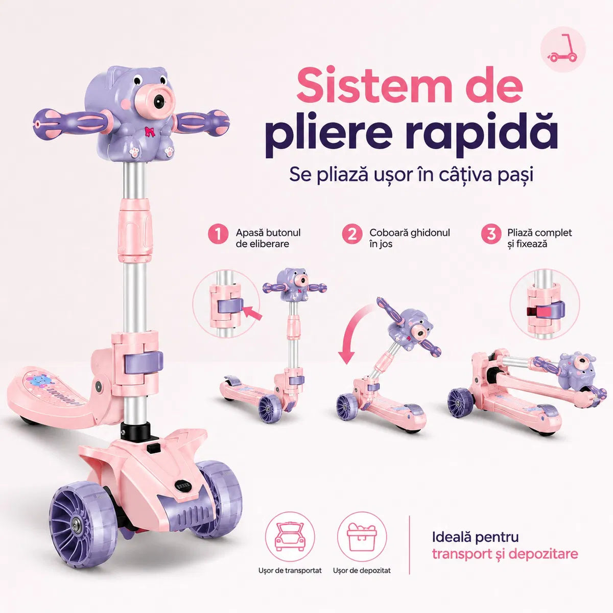 Trotineta pentru Copii Reglabila cu 3 Roti Late si Stabilitate Mare, Aparat Integrat pentru Baloane de Sapun, Sunete Muzicale, Lumini LED, Platforma Antiderapanta, Ghidon Ajustabil, Design Ursulet Roz