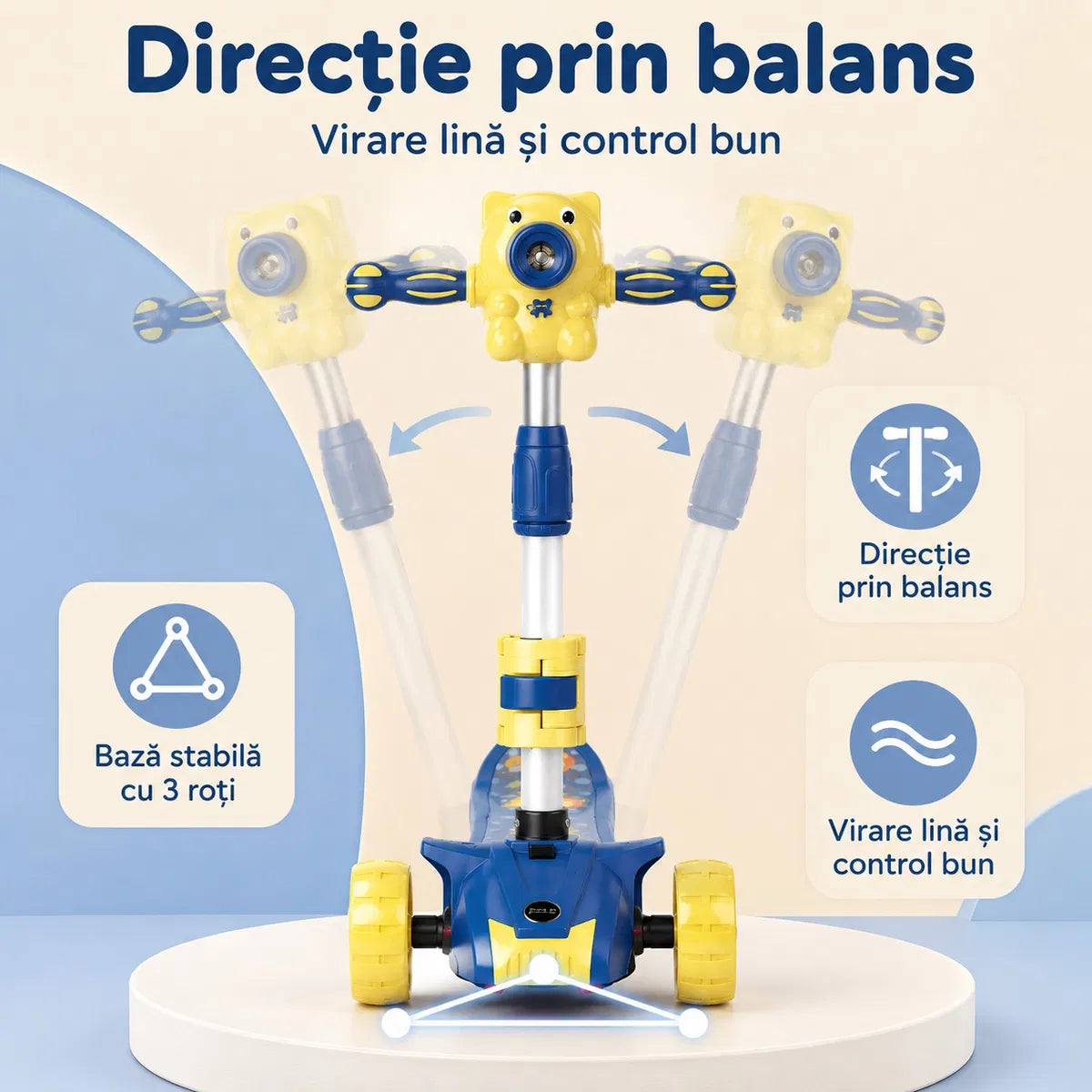 Trotineta pentru Copii Reglabila cu 3 Roti Late si Stabilitate Mare, Pliabila Aparat Integrat pentru Baloane de Sapun, Sunete Muzicale, Lumini LED, Platforma Antiderapanta, Ghidon Ajustabil, Albastru