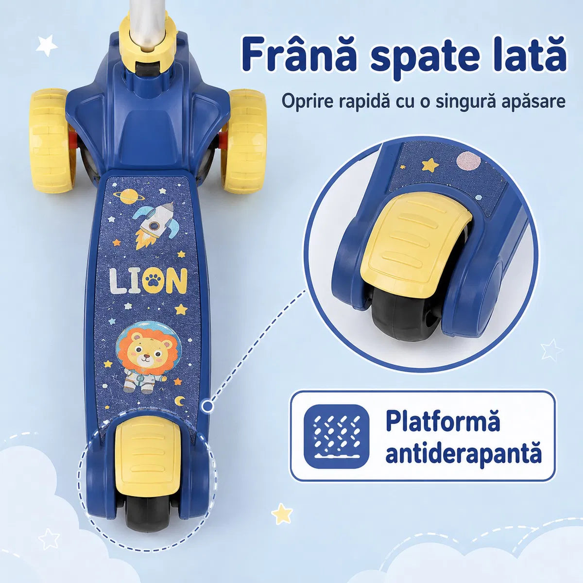 Trotineta pentru Copii Reglabila cu 3 Roti Late si Stabilitate Mare, Pliabila Aparat Integrat pentru Baloane de Sapun, Sunete Muzicale, Lumini LED, Platforma Antiderapanta, Ghidon Ajustabil, Albastru