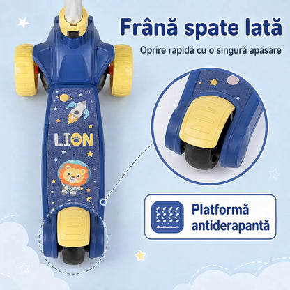 Trotineta pentru Copii Reglabila cu 3 Roti Late si Stabilitate Mare, Pliabila Aparat Integrat pentru Baloane de Sapun, Sunete Muzicale, Lumini LED, Platforma Antiderapanta, Ghidon Ajustabil, Albastru