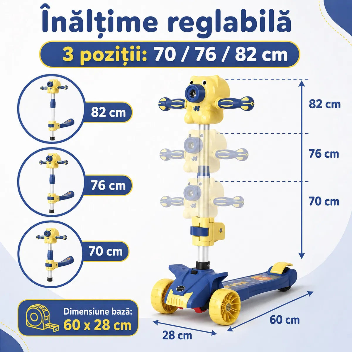 Trotineta pentru Copii Reglabila cu 3 Roti Late si Stabilitate Mare, Pliabila Aparat Integrat pentru Baloane de Sapun, Sunete Muzicale, Lumini LED, Platforma Antiderapanta, Ghidon Ajustabil, Albastru