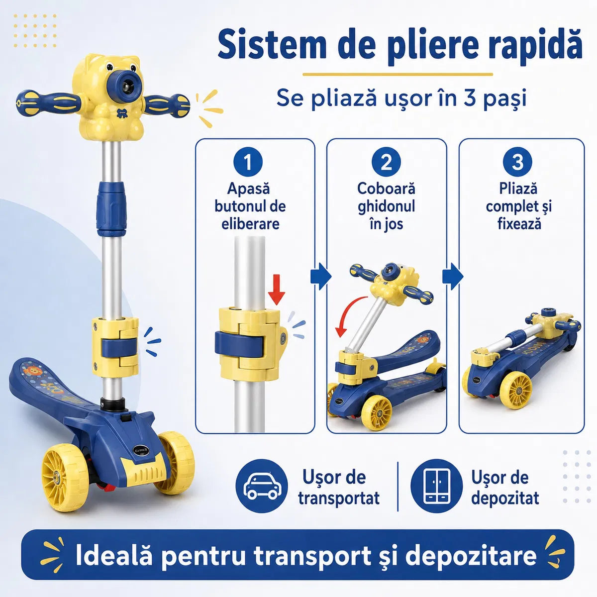 Trotineta pentru Copii Reglabila cu 3 Roti Late si Stabilitate Mare, Pliabila Aparat Integrat pentru Baloane de Sapun, Sunete Muzicale, Lumini LED, Platforma Antiderapanta, Ghidon Ajustabil, Albastru