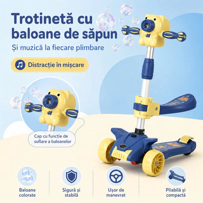 Trotineta pentru Copii Reglabila cu 3 Roti Late si Stabilitate Mare, Pliabila Aparat Integrat pentru Baloane de Sapun, Sunete Muzicale, Lumini LED, Platforma Antiderapanta, Ghidon Ajustabil, Albastru
