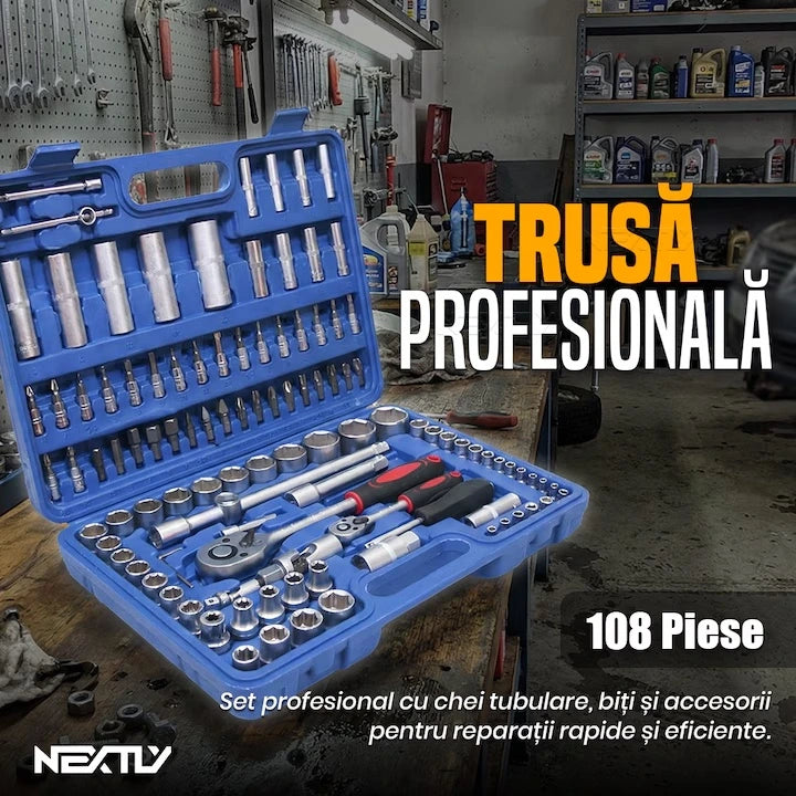 Trusă de Scule Profesională 108 Piese, Set Chei Tubulare cu Clichet 72 Dinți, Biți, Prelungitoare și Adaptoare, Oțel Crom-Vanadiu, Geanta de Transport, Ideală pentru Reparații Auto, Casă și Atelier