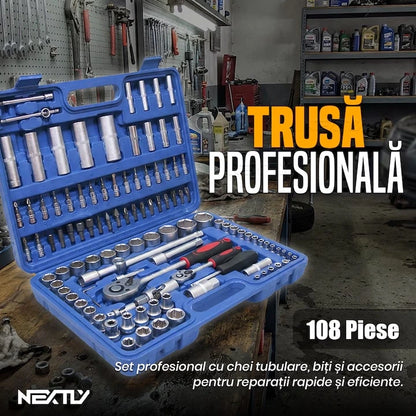 Trusă de Scule Profesională 108 Piese, Set Chei Tubulare cu Clichet 72 Dinți, Biți, Prelungitoare și Adaptoare, Oțel Crom-Vanadiu, Geanta de Transport, Ideală pentru Reparații Auto, Casă și Atelier