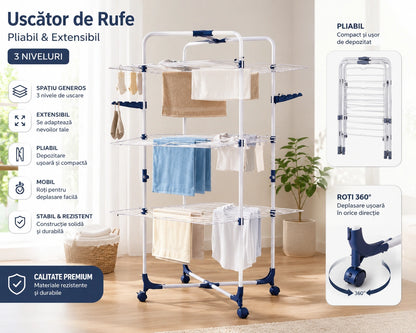 Uscător de Rufe Vertical Pliabil cu 3 Etaje și Roți Extensibil Design Compact si Rezistent din Aluminiu
