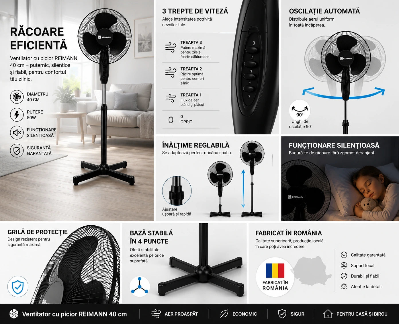 Ventilator cu picior REIMANN 40 cm, Oscilație, 3 Trepte de Viteză, 50W Înălțime Reglabilă, Funcționare Silențioasă, Fabricat în România