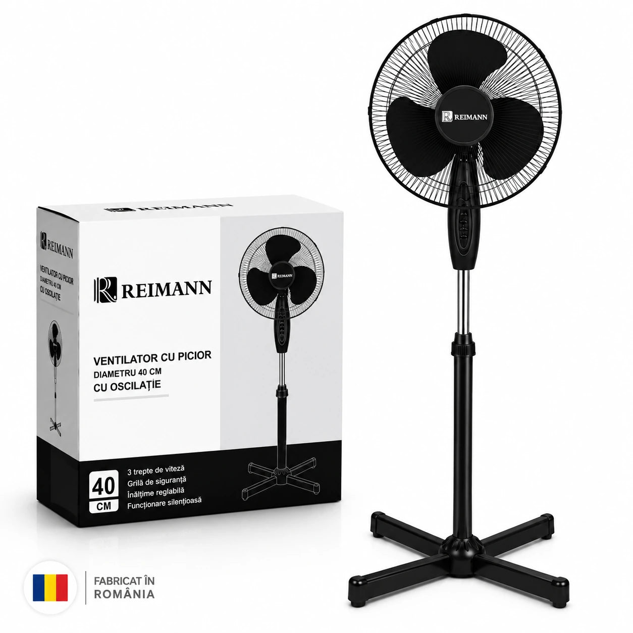 Ventilator cu picior REIMANN 40 cm, Oscilație, 3 Trepte de Viteză, 50W Înălțime Reglabilă, Funcționare Silențioasă, Fabricat în România