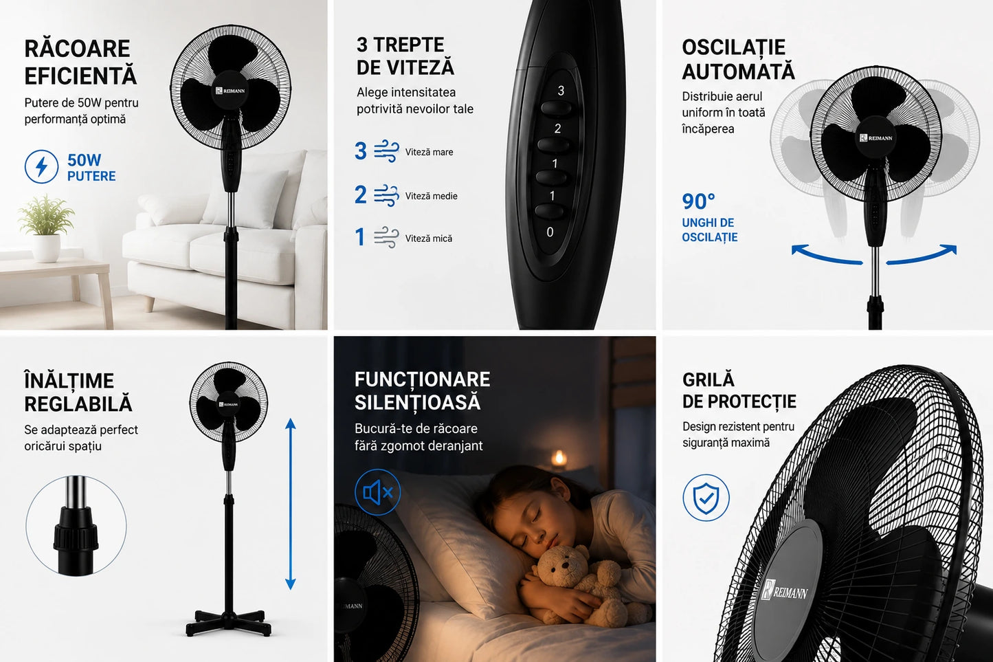 Ventilator cu picior REIMANN 40 cm, Oscilație, 3 Trepte de Viteză, 50W Înălțime Reglabilă, Funcționare Silențioasă, Fabricat în România Alb