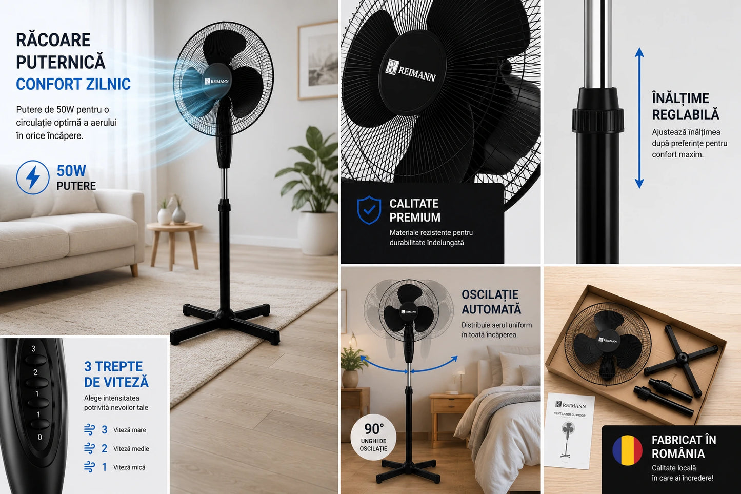 Ventilator cu picior REIMANN 40 cm, Oscilație, 3 Trepte de Viteză, 50W Înălțime Reglabilă, Funcționare Silențioasă, Fabricat în România Alb