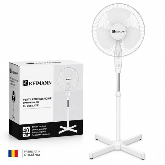 Ventilator cu picior REIMANN 40 cm, Oscilație, 3 Trepte de Viteză, 50W Înălțime Reglabilă, Funcționare Silențioasă, Fabricat în România Alb