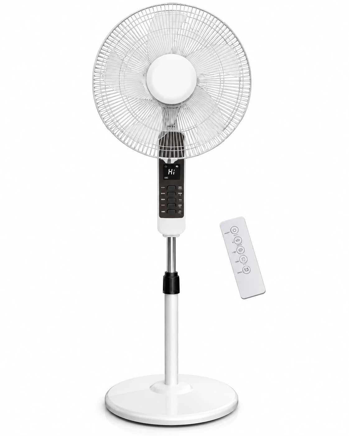 Ventilator cu Picior Victronic Smart Edition, 45W, Control din Telecomandă, Display LED, 3 Trepte de Viteză, Înălțime Reglabilă Oscilație 90°, 5 Pale din Plastic, Funcționare Silențioasă, Bază Antivibrații, Design Modern Alb