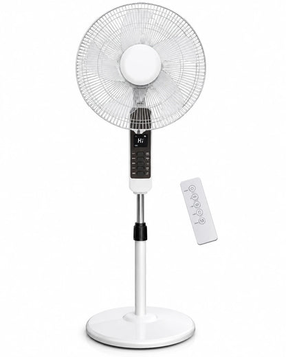 Ventilator cu Picior Victronic Smart Edition, 45W, Control din Telecomandă, Display LED, 3 Trepte de Viteză, Înălțime Reglabilă Oscilație 90°, 5 Pale din Plastic, Funcționare Silențioasă, Bază Antivibrații, Design Modern Alb