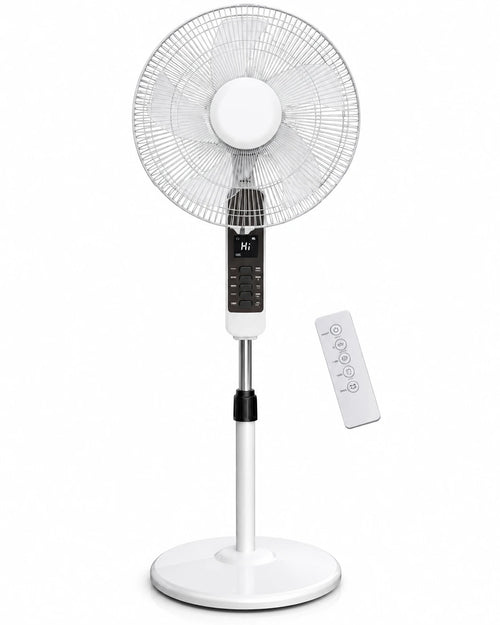Ventilator cu Picior Victronic Smart Edition, 45W, Control din Telecomandă, Display LED, 3 Trepte de Viteză, Înălțime Reglabilă Oscilație 90°, 5 Pale din Plastic, Funcționare Silențioasă, Bază Antivibrații, Design Modern Alb