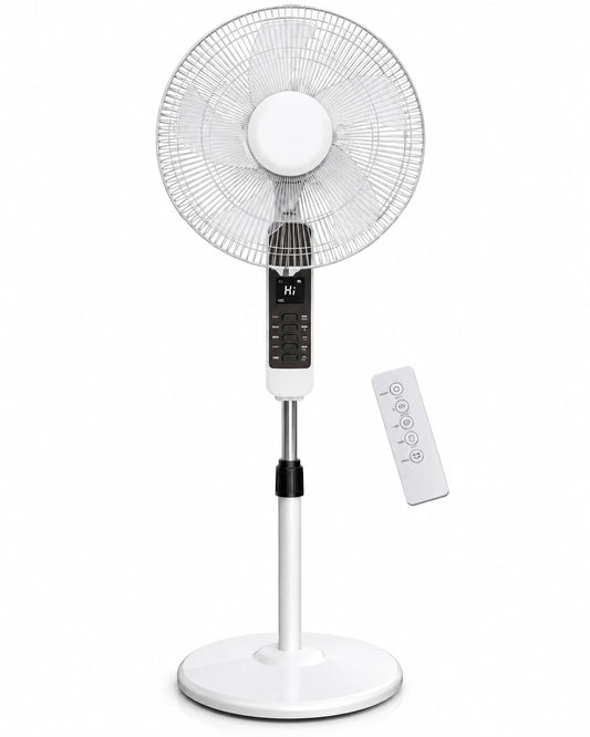 Ventilator cu Picior Victronic Smart Edition, 45W, Control din Telecomandă, Display LED, 3 Trepte de Viteză, Înălțime Reglabilă Oscilație 90°, 5 Pale din Plastic, Funcționare Silențioasă, Bază Antivibrații, Design Modern Alb