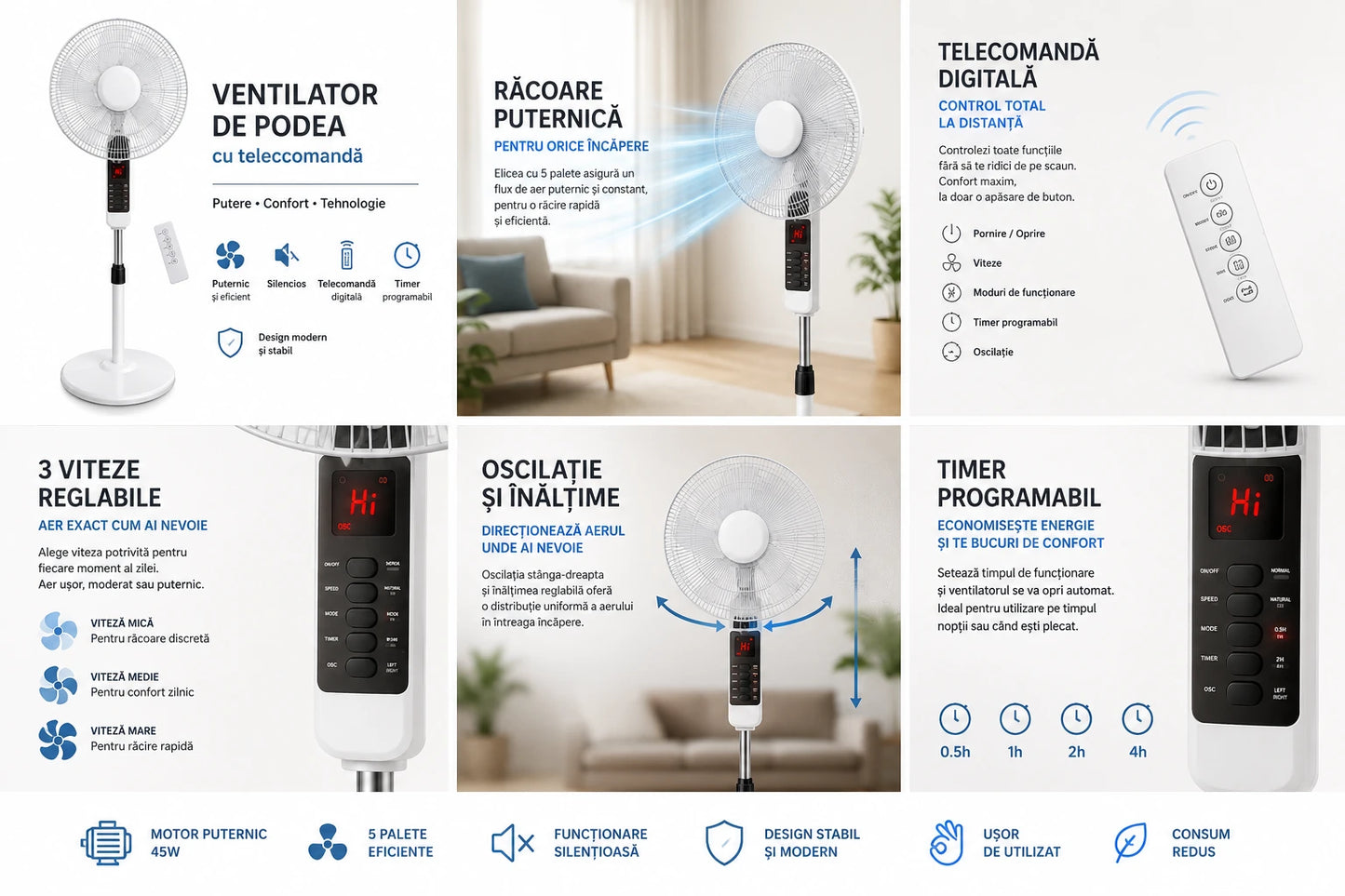 Ventilator cu Picior Victronic Smart Edition, 45W, Control din Telecomandă, Display LED, 3 Trepte de Viteză, Înălțime Reglabilă Oscilație 90°, 5 Pale din Plastic, Funcționare Silențioasă, Bază Antivibrații, Design Modern Alb