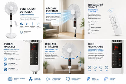 Ventilator cu Picior Victronic Smart Edition, 45W, Control din Telecomandă, Display LED, 3 Trepte de Viteză, Înălțime Reglabilă Oscilație 90°, 5 Pale din Plastic, Funcționare Silențioasă, Bază Antivibrații, Design Modern Alb