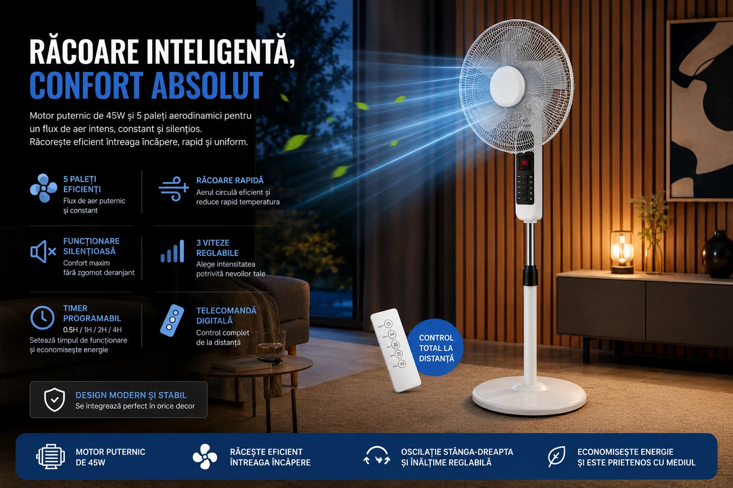 Ventilator cu Picior Victronic Smart Edition, 45W, Control din Telecomandă, Display LED, 3 Trepte de Viteză, Înălțime Reglabilă Oscilație 90°, 5 Pale din Plastic, Funcționare Silențioasă, Bază Antivibrații, Design Modern Alb