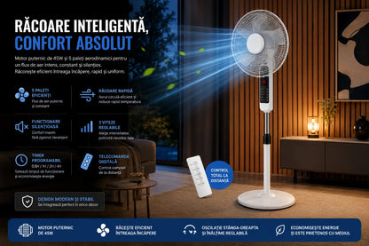 Ventilator cu Picior Victronic Smart Edition, 45W, Control din Telecomandă, Display LED, 3 Trepte de Viteză, Înălțime Reglabilă Oscilație 90°, 5 Pale din Plastic, Funcționare Silențioasă, Bază Antivibrații, Design Modern Alb