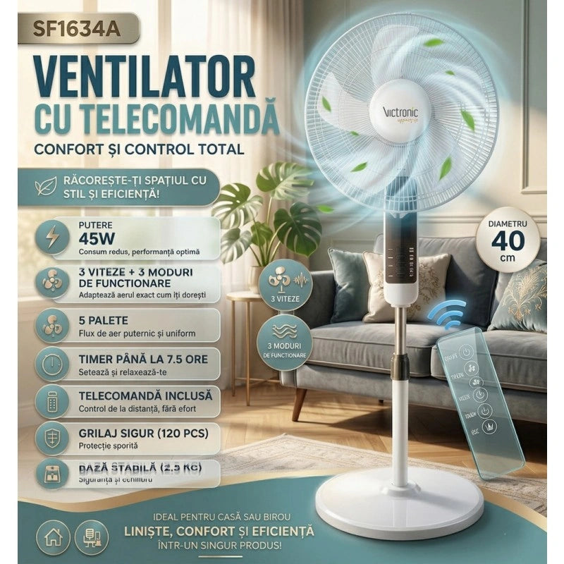 Ventilator cu Picior Victronic Smart Edition, 45W, Control din Telecomandă, Display LED, 3 Trepte de Viteză, Înălțime Reglabilă Oscilație 90°, 5 Pale din Plastic, Funcționare Silențioasă, Bază Antivibrații, Design Modern Alb