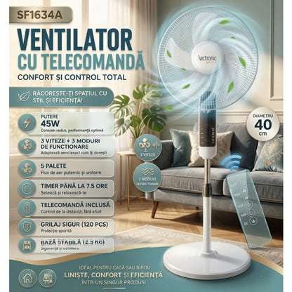 Ventilator cu Picior Victronic Smart Edition, 45W, Control din Telecomandă, Display LED, 3 Trepte de Viteză, Înălțime Reglabilă Oscilație 90°, 5 Pale din Plastic, Funcționare Silențioasă, Bază Antivibrații, Design Modern Alb
