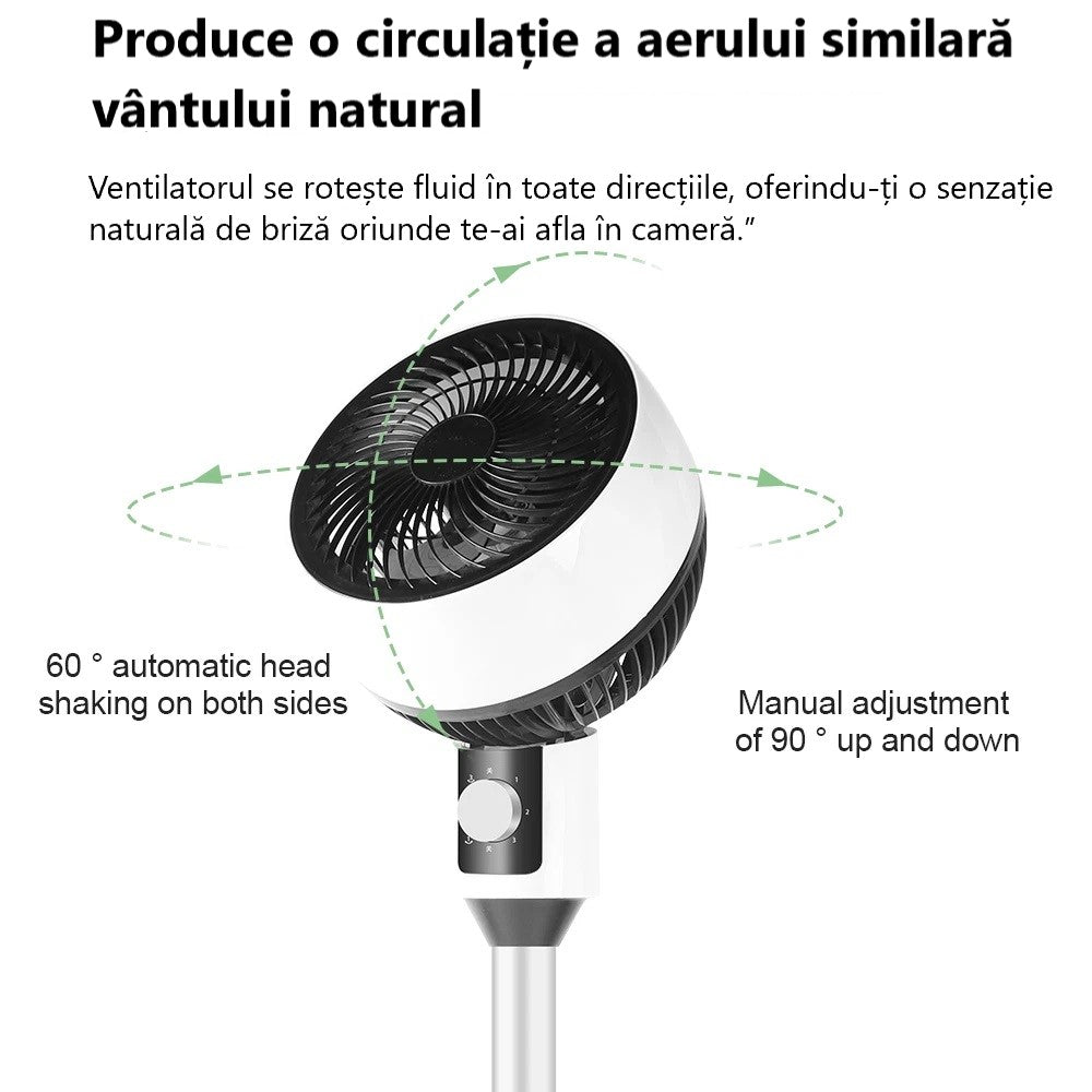 Ventilator cu picior, 3 trepte de viteza, 40W, cu circulatie a aerului, oscilatie 60°, inclinare 90°, silentios