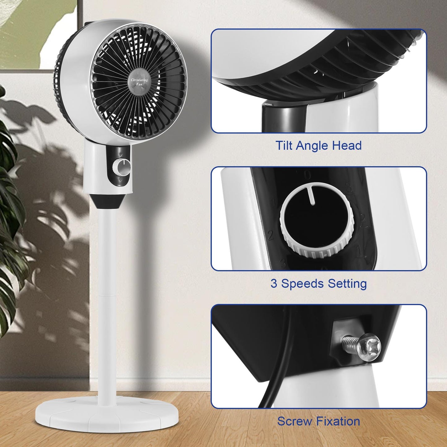 Ventilator cu picior, 3 trepte de viteza, 40W, cu circulatie a aerului, oscilatie 60°, inclinare 90°, silentios