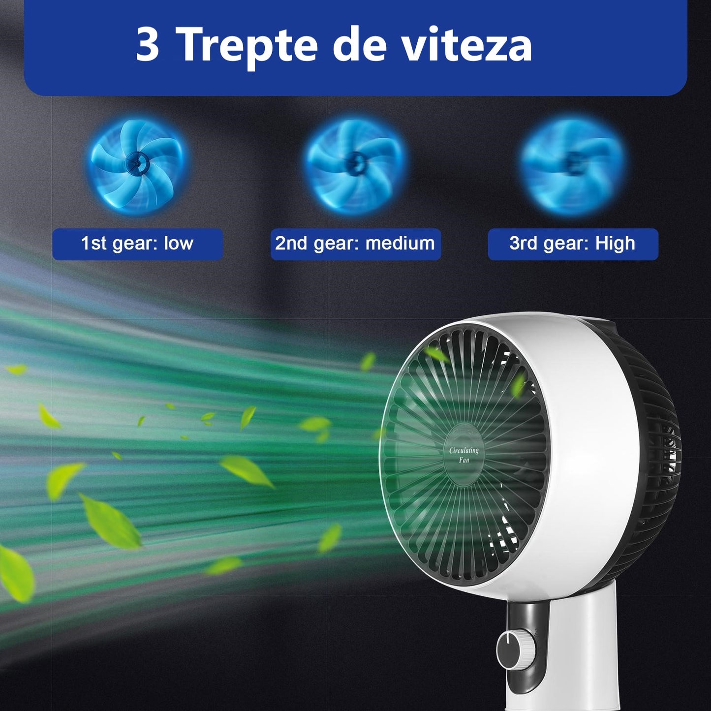 Ventilator cu picior, 3 trepte de viteza, 40W, cu circulatie a aerului, oscilatie 60°, inclinare 90°, silentios