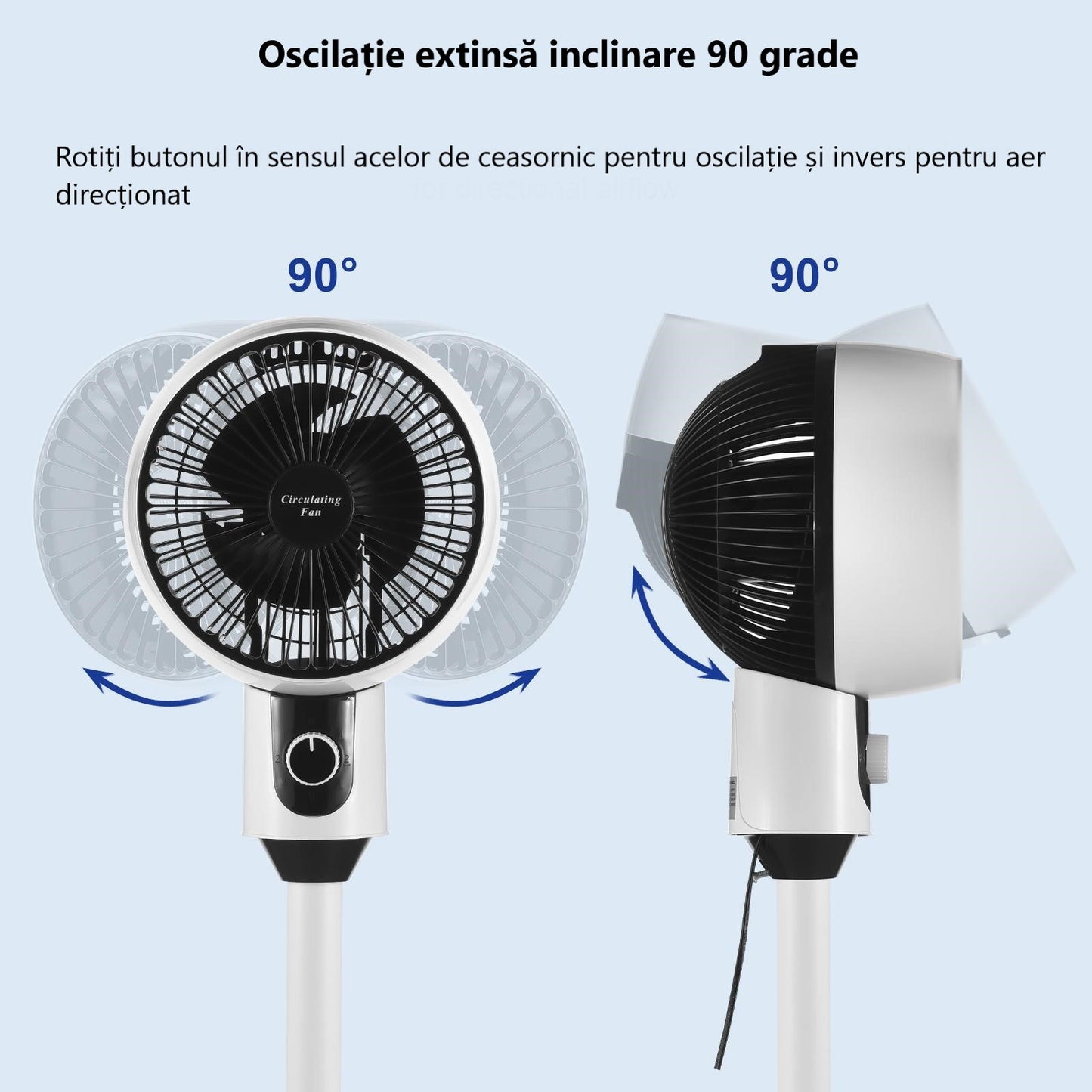 Ventilator cu picior, 3 trepte de viteza, 40W, cu circulatie a aerului, oscilatie 60°, inclinare 90°, silentios