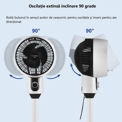 Ventilator cu picior, 3 trepte de viteza, 40W, cu circulatie a aerului, oscilatie 60°, inclinare 90°, silentios