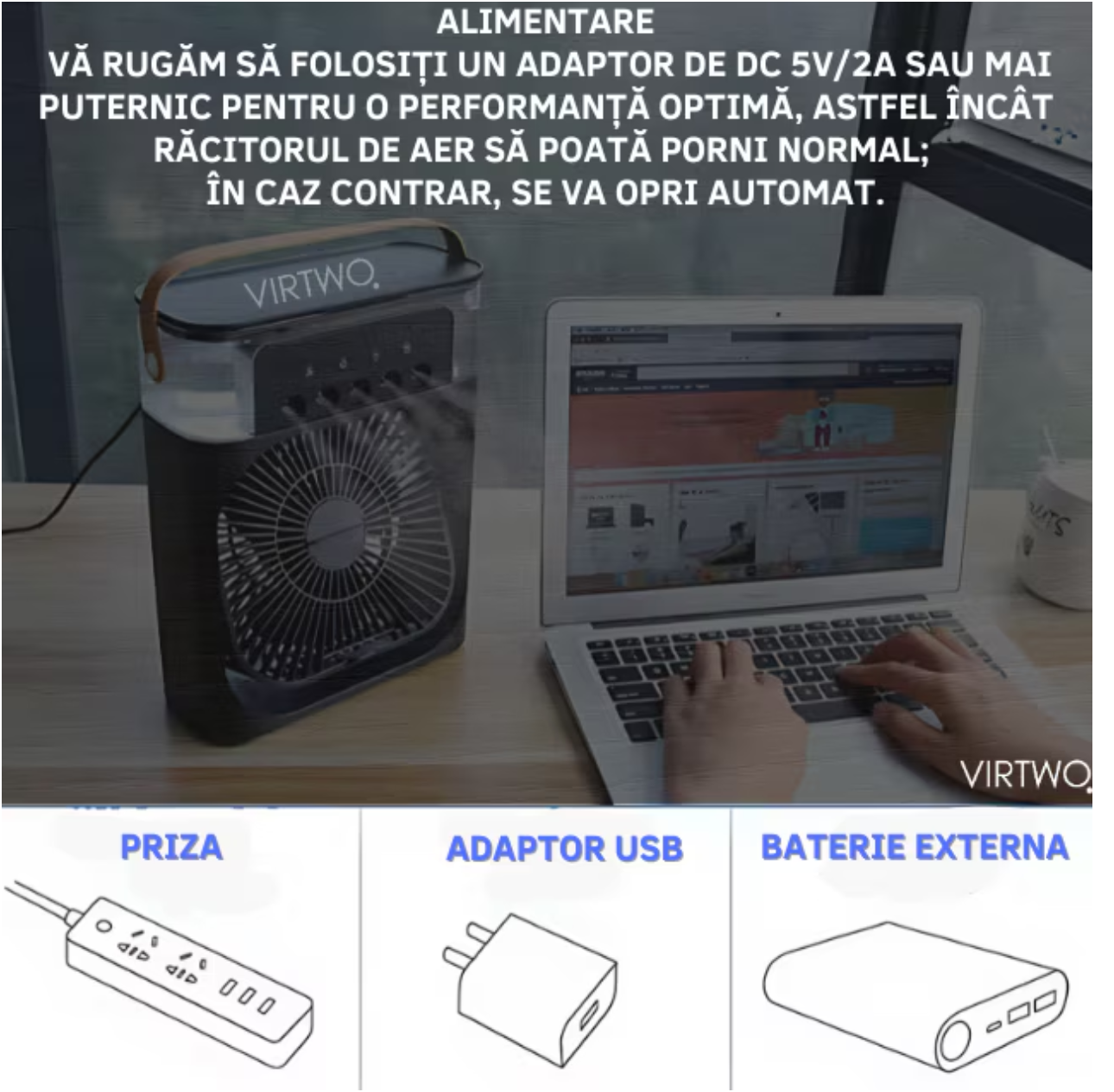 Ventilator Portabil 3în1 cu Umidificator pentru Birou – 3 Viteze, 5 Duze Spray, Lumină RGB, Temporizator, Aromaterapie