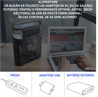 Ventilator Portabil 3în1 cu Umidificator pentru Birou – 3 Viteze, 5 Duze Spray, Lumină RGB, Temporizator, Aromaterapie