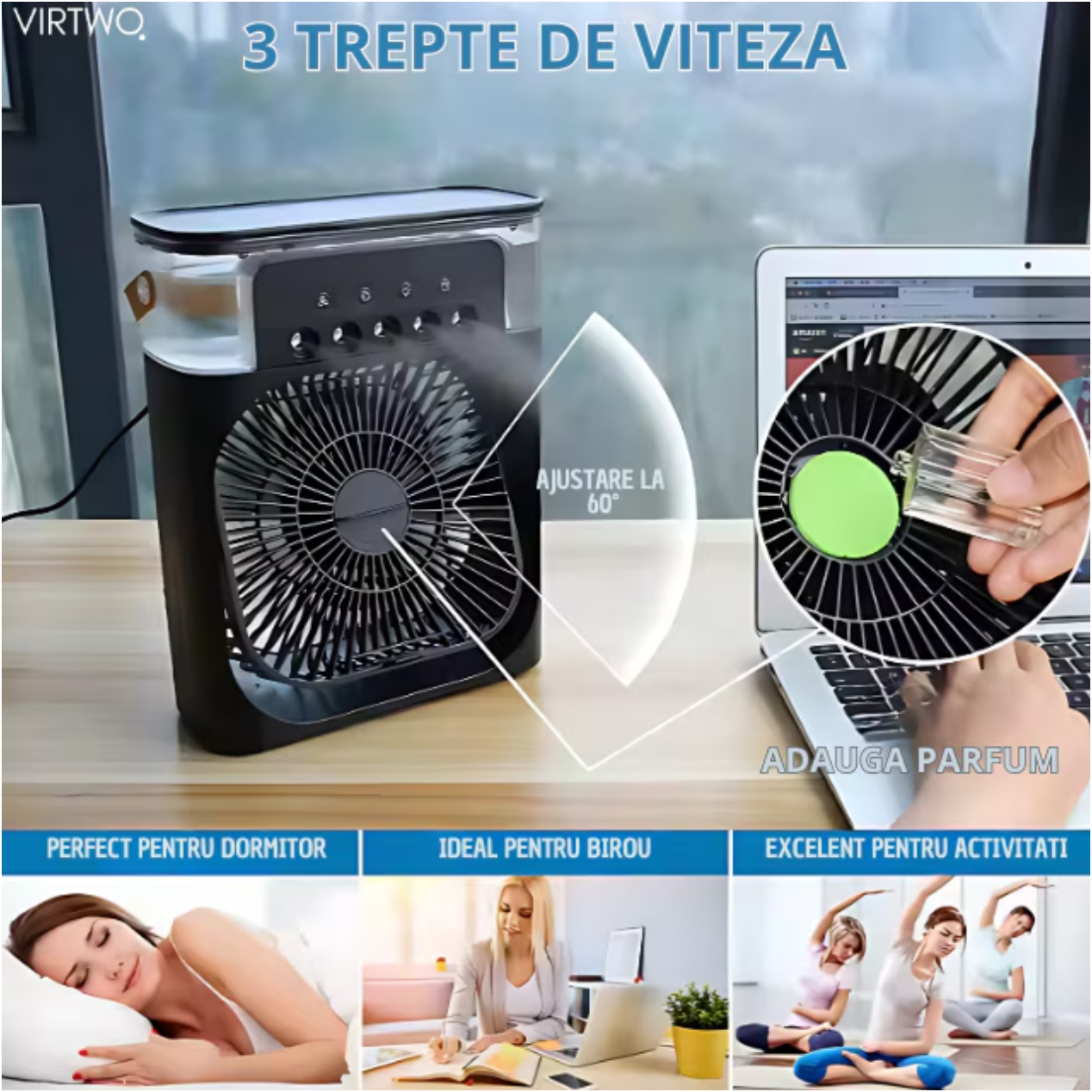 Ventilator Portabil 3în1 cu Umidificator pentru Birou – 3 Viteze, 5 Duze Spray, Lumină RGB, Temporizator, Aromaterapie