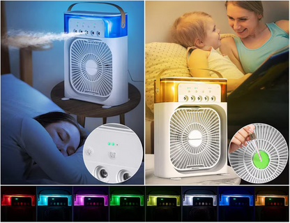 Ventilator Portabil 3în1 cu Umidificator pentru Birou – 3 Viteze, 5 Duze Spray, Lumină RGB, Temporizator, Aromaterapie