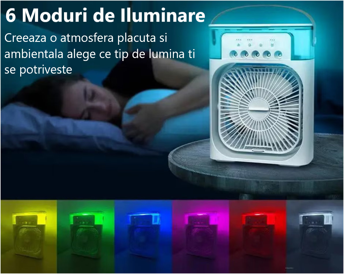 Ventilator Portabil 3în1 cu Umidificator pentru Birou – 3 Viteze, 5 Duze Spray, Lumină RGB, Temporizator, Aromaterapie
