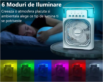 Ventilator Portabil 3în1 cu Umidificator pentru Birou – 3 Viteze, 5 Duze Spray, Lumină RGB, Temporizator, Aromaterapie