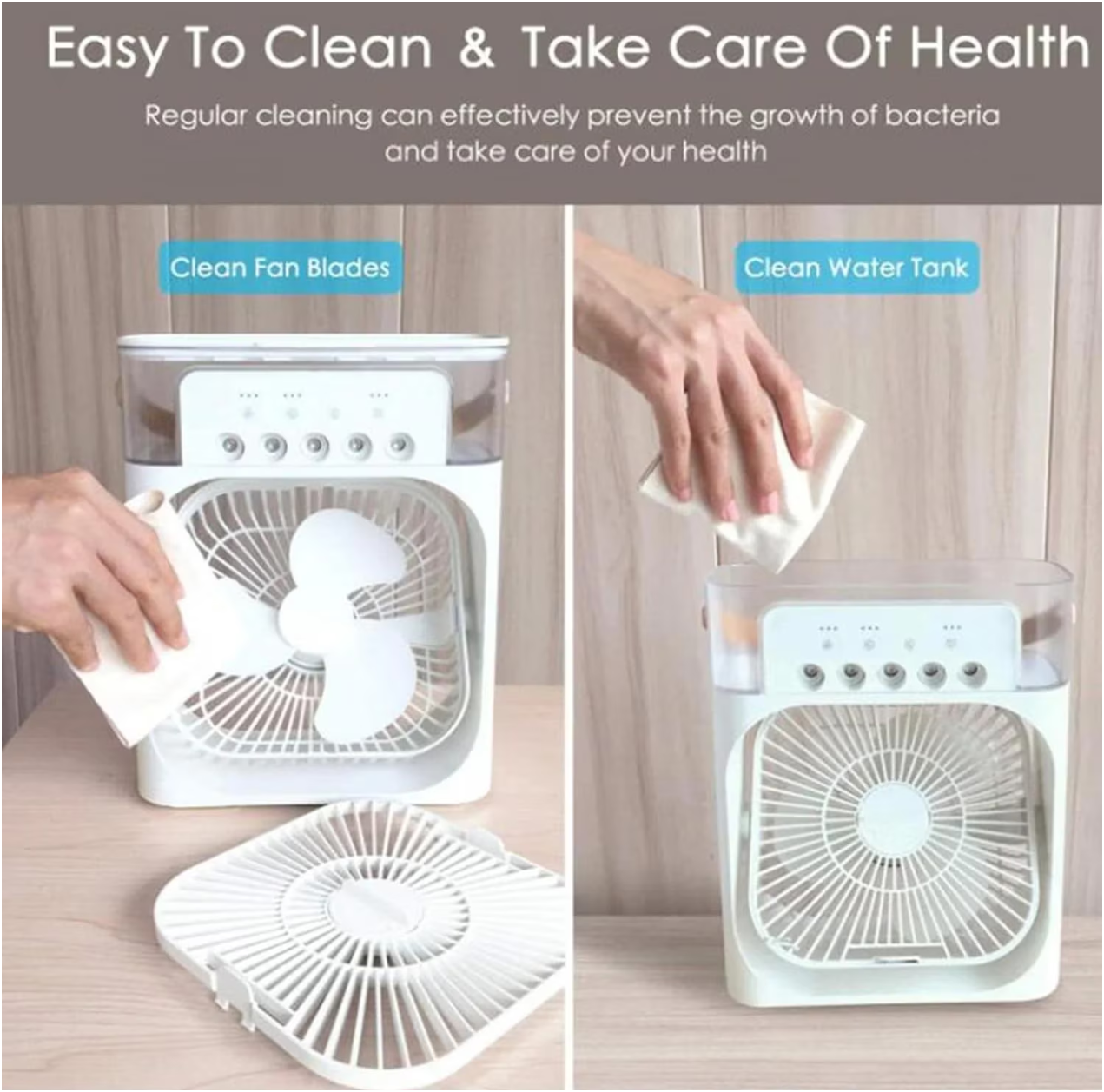 Ventilator Portabil 3în1 cu Umidificator pentru Birou – 3 Viteze, 5 Duze Spray, Lumină RGB, Temporizator, Aromaterapie