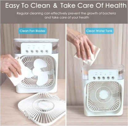 Ventilator Portabil 3în1 cu Umidificator pentru Birou – 3 Viteze, 5 Duze Spray, Lumină RGB, Temporizator, Aromaterapie