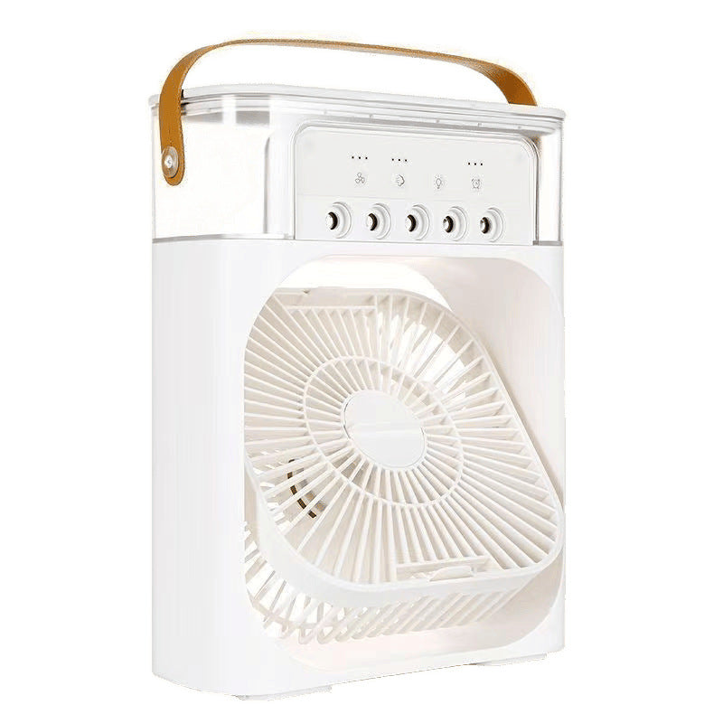 Ventilator Portabil 3în1 cu Umidificator pentru Birou – 3 Viteze, 5 Duze Spray, Lumină RGB, Temporizator, Aromaterapie