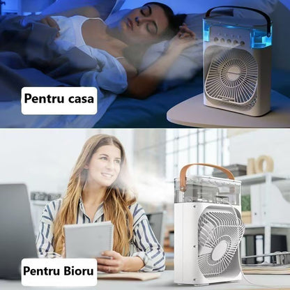 Ventilator Portabil 3în1 cu Umidificator pentru Birou – 3 Viteze, 5 Duze Spray, Lumină RGB, Temporizator, Aromaterapie